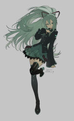 Rule 34 | 1girl, absurdres, arm at side, artist name, black footwear, black jacket, black ribbon, boots, colored eyelashes, dated, full body, green eyes, green nails, green skirt, grey background, hair between eyes, hair ribbon, hand on own chest, hatsune miku, hatsune miku (if), high heel boots, high heels, highres, jacket, leg up, long hair, long sleeves, looking at viewer, plaid, plaid skirt, pleated skirt, ponytail, ribbon, signature, simple background, skirt, sleeves past wrists, solo, striped ribbon, thigh boots, very long hair, vocaloid, zhibuji loom