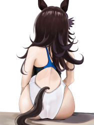 Rule 34 | 1girl, absurdres, alternate costume, animal ears, ass, backless swimsuit, blue flower, commentary request, competition swimsuit, facing away, flower, from behind, hat, hat flower, highres, horse ears, horse girl, horse tail, long hair, one-piece swimsuit, partial commentary, rice shower (umamusume), sitting, solo, swimsuit, tail, tilted headwear, two-tone swimsuit, umainu 2002, umamusume, wet, wet clothes, wet swimsuit, white background