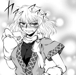 Rule 34 | 0-den, 1girl, angry, arm warmers, blush, breasts, clenched teeth, greyscale, highres, medium breasts, mizuhashi parsee, monochrome, nose blush, scarf, short hair, short sleeves, solo, teeth, touhou