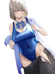 Rule 34 | 1girl, bare shoulders, blue one-piece swimsuit, blush, bow, bowtie, breasts, brown eyes, cleavage, collarbone, collared shirt, competition swimsuit, covered navel, grey hair, grey skirt, highleg, highleg swimsuit, highres, large breasts, looking at viewer, oekakizuki, off shoulder, one-piece swimsuit, open clothes, open shirt, original, shirt, short hair, skirt, solo, swimsuit, swimsuit under clothes, thighs, undressing, white shirt