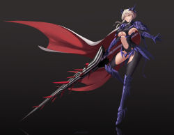 Rule 34 | 1girl, absurdres, armor, armored boots, artoria pendragon (fate), artoria pendragon (lancer alter) (fate), black armor, black bodysuit, bodysuit, boots, braid, breasts, cape, center opening, dark rhongomyniad, fate/grand order, fate (series), faulds, french braid, full body, gauntlets, grey background, hair between eyes, highres, horns, kl1251787363, large breasts, long hair, looking at viewer, navel, parted lips, pauldrons, revealing clothes, shoulder armor, sidelocks, silver hair, underboob, yellow eyes