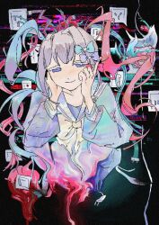 Rule 34 | 1girl, adankad, blonde hair, blue bow, blue eyes, blue hair, blue shirt, bow, cable, chouzetsusaikawa tenshi-chan, electrical outlet, glitch, hair bow, hair ornament, hands on own face, holographic clothing, long hair, long sleeves, looking at viewer, melting, multicolored hair, needy girl overdose, pink bow, pink hair, purple bow, quad tails, sailor collar, school uniform, serafuku, shirt, smile, solo, twintails, very long hair, yellow bow
