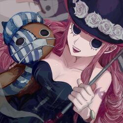 Rule 34 | 1girl, black eyes, blunt bangs, breasts, cleavage, devil fruit, dress, drill hair, from above, ghost, hat, highres, holding, holding stuffed toy, horo horo no mi, kumacy, large breasts, long hair, looking at viewer, one piece, perona, pink hair, smile, solo, striped, stuffed toy, twintails, umbrella, very long hair, yadu nadu