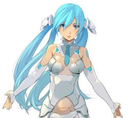 Rule 34 | 1girl, android, aqua eyes, aqua hair, aqua necktie, blue hair, bodysuit, breasts, detached sleeves, enami katsumi, hair ornament, hatsune miku, lips, long hair, looking at viewer, medium breasts, necktie, open arms, parted lips, see-through, short necktie, simple background, solo, twintails, very long hair, vocaloid, white background
