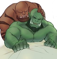 Rule 34 | 2boys, anal, arm tattoo, bald, bara, beard, character request, colored skin, completely nude, dark skin, eyebrow piercing, facial hair, fangs, garrosh hellscream, green skin, hand on another&#039;s head, implied anal, implied sex, jewelry, male focus, male penetrated, mature male, monster boy, multiple boys, muscular, muscular male, necklace, nose piercing, nose ring, nude, on bed, orc, pectoral press, pectorals, piercing, pointy ears, ryker, sex, stubble, tattoo, tooth necklace, warcraft, world of warcraft, yaoi