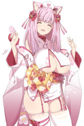 Rule 34 | 1girl, ^ ^, absurdres, animal ears, blush, breasts, closed eyes, detached sleeves, garter straps, hands up, hat, heart, highres, indie virtual youtuber, japanese clothes, kichihachi, large breasts, medium hair, mole, mole on breast, nurse cap, obi, open mouth, pink hair, sash, simple background, solo, tenshouin himeno, thighhighs, thighs, underboob, virtual youtuber, white background, white sleeves, white thighhighs, wide sleeves