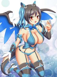 Rule 34 | 1girl, :o, bad hands, black hair, blue background, blue bow, blue hair, blue panties, blush, bow, breasts, charizard, creatures (company), flame-tipped tail, game freak, garter belt, garter straps, gen 1 pokemon, gradient hair, highres, large breasts, medium hair, mega charizard x, mega pokemon, multicolored hair, nintendo, panties, personification, pokemon, red eyes, revealing clothes, solo, striped clothes, striped thighhighs, tail, thighhighs, twintails, underwear, wings, yukimura chisa
