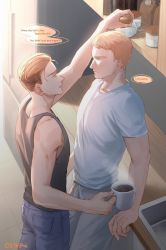 Rule 34 | 2boys, black tank top, coffee mug, couple, cup, denim, english text, eye contact, feet out of frame, from above, from side, highres, jeans, kitchen, looking at another, male focus, mug, multiple boys, o3tofu, pants, pectorals, porco galliard, reiner braun, shingeki no kyojin, shirt, short hair, tank top, toned, toned male, undercut, white shirt, yaoi