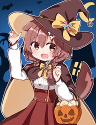 Rule 34 | 1girl, animal ears, bone hair ornament, bow, bowtie, braid, brown cape, brown eyes, brown hair, brown hat, cape, center frills, chibi, commentary, cowboy shot, dog ears, dog girl, dog tail, extra ears, fangs, frilled shirt, frills, hair between eyes, hair ornament, hairclip, halloween, hand on headwear, hat, hat bow, high-waist skirt, hololive, inugami korone, inugami korone (street), jack-o&#039;-lantern, long hair, long sleeves, looking at viewer, low twin braids, low twintails, official alternate costume, rabiiandrain, red skirt, shirt, simple background, skin fangs, skirt, solo, tail, twin braids, twintails, virtual youtuber, white background, white shirt, witch hat, yellow bow, yellow bowtie, yubi yubi (inugami korone)
