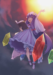 Rule 34 | 1girl, arm up, bloomers, book, bow, bowtie, cape, commentary, crescent, crescent hat ornament, crystal, dress, footwear bow, frilled cape, frilled dress, frilled footwear, frills, full body, hair bow, hand up, hat, hat ornament, highres, holding, holding book, huan (hao7551789), light blush, long hair, long sleeves, mob cap, open book, open mouth, outstretched arm, patchouli knowledge, philosopher&#039;s stone, pink hat, purple dress, purple eyes, purple hair, red bow, red bowtie, royal flare, sleeves past elbows, solo, striped clothes, striped dress, teeth, touhou, underwear, upper teeth only, v-shaped eyebrows, vertical-striped clothes, vertical-striped dress, very long hair, white cape, wide sleeves