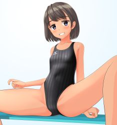 Rule 34 | 1girl, absurdres, bench, black hair, black one-piece swimsuit, blue background, blue eyes, breasts, clothes writing, competition swimsuit, covered navel, grin, highleg, highleg swimsuit, highres, logo, looking at viewer, mizuno (brand), mole, mole under eye, one-piece swimsuit, original, short hair, sitting, small breasts, smile, solo, spread legs, striped clothes, striped one-piece swimsuit, swimsuit, takafumi, tan