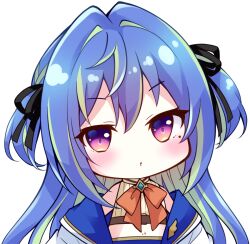 Rule 34 | 1girl, belt, black ribbon, blue brooch, blue hair, bow, bowtie, brown belt, chest belt, chibi, coat, commentary request, crop top, expressionless, flat chest, green hair, hair intakes, hair ribbon, hiyoku no crosspiece, long hair, looking at viewer, midriff, mole, mole under eye, multicolored hair, nanashi inc., navel, open clothes, open coat, open mouth, orange bow, orange bowtie, ribbon, shirt, simple background, solo, striped clothes, striped shirt, suzumi nemo, suzumi nemo (1st costume), transparent background, two-tone hair, two side up, upper body, usaba (usabara c), vertical-striped clothes, vertical-striped shirt, virtual youtuber, white coat, yellow shirt