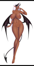Rule 34 | 1girl, barefoot, baru (val-val), breasts, cleft of venus, contrapposto, curvy, dark-skinned female, dark skin, demon girl, demon tail, demon wings, female focus, fingernails, full body, highres, hip focus, horns, huge breasts, lips, long fingernails, long hair, long legs, looking at viewer, nail polish, navel, nipples, nude, original, pink eyes, pixiv succubus, pointy ears, purple eyes, purple hair, pussy, simple background, solo, standing, tail, thigh gap, uncensored, white background, white hair, wings