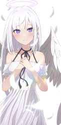 Rule 34 | 1girl, absurdres, angel, angel wings, blunt bangs, blurry, blurry background, blurry foreground, blush, breasts, camui1104, closed mouth, collarbone, cowboy shot, dress, emilia (re:zero), falling feathers, feathers, glowing, halo, hands on own chest, highres, long hair, looking at viewer, medium breasts, off-shoulder dress, off shoulder, purple eyes, re:zero kara hajimeru isekai seikatsu, simple background, smile, solo, standing, white background, white dress, white hair, wings