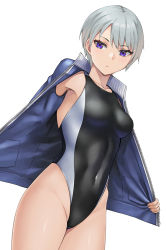 Rule 34 | 1girl, black one-piece swimsuit, blue jacket, competition swimsuit, covered navel, cowboy shot, dutch angle, hashi, highleg, highleg swimsuit, jacket, looking at viewer, one-piece swimsuit, open clothes, open jacket, original, parted lips, purple eyes, short hair, silver hair, simple background, solo, swimsuit, white background