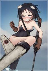 1girl absurdres animal_ears bandaid bandaid_on_face black_hair black_leotard blue_eyes blush brave_witches breasts brown_gloves clenched_teeth collarbone dog_ears flying gloves gun highres kanno_naoe leotard m1saki_1 nipple_slip nipples playboy_bunny rifle short_hair sky small_breasts solo striker_unit teeth weapon world_witches_series