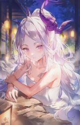 Rule 34 | 1girl, artist name, black horns, blue archive, blush, breasts, demon horns, grey hair, halo, highres, hina (blue archive), horns, kocir, long hair, looking at viewer, multiple horns, naked towel, onsen, open mouth, parted bangs, partially submerged, purple eyes, signature, small breasts, solo, towel, upper body, water, wet, white towel