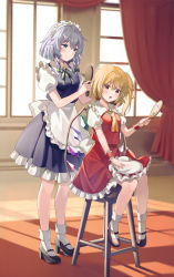 Rule 34 | 2girls, apron, banned artist, black footwear, blonde hair, blue dress, blue eyes, blurry, blurry background, blush, bobby socks, bow, braid, brushing another&#039;s hair, brushing hair, closed mouth, collared dress, commentary request, curtains, day, depth of field, dress, flandre scarlet, frilled apron, frilled dress, frilled shirt collar, frilled skirt, frills, green bow, grey hair, hair between eyes, hair bow, hair brush, hand mirror, hat, unworn hat, unworn headwear, highres, holding, holding brush, holding mirror, indoors, izayoi sakuya, long hair, maid, maid headdress, mirror, mob cap, multiple girls, one side up, open mouth, pleated dress, puffy short sleeves, puffy sleeves, red eyes, red skirt, red vest, shirt, shoes, short sleeves, sitting, skirt, skirt set, sleeveless, sleeveless dress, smile, socks, standing, stool, sunlight, touhou, twin braids, vest, white apron, white headwear, white legwear, white shirt, window, wrist cuffs, yuuka nonoko