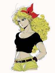 Rule 34 | 1girl, belt, black shirt, blonde hair, bow, breasts, cleavage, collarbone, cowboy shot, crop top, cropped legs, dragon ball, dragon ball (classic), green eyes, hair bow, hairband, hand in pocket, highres, long hair, lunch (bad) (dragon ball), lunch (dragon ball), medium breasts, midriff, navel, red bow, red hairband, shirt, short shorts, short sleeves, shorts, simple background, solo, standing, stomach, tanukichi (spica1985), twitter username, very long hair, white background, yellow shorts