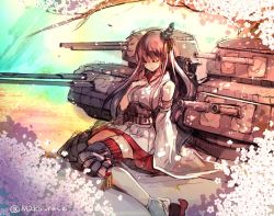 Rule 34 | 10s, 1girl, brown hair, cherry blossoms, cis (carcharias), detached sleeves, fusou (kancolle), japanese clothes, kantai collection, long hair, nontraditional miko, personification, skirt, smile, solo, thighhighs, zettai ryouiki