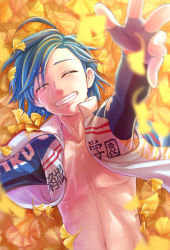 Rule 34 | 1boy, :d, ^ ^, ahoge, arm up, autumn leaves, biker clothes, blue hair, closed eyes, collarbone, closed eyes, fingerless gloves, foreshortening, ginkgo tree, ginkgo leaf, gloves, highres, leaf, lying, ma san yp, manami sangaku, on back, open clothes, open mouth, open shirt, shirt, smile, stomach, sweat, sweatdrop, wet, yowamushi pedal