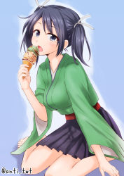 Rule 34 | 10s, 1girl, anti (untea9), arm support, barefoot, blush, commentary request, eating, food, hair ribbon, hakama, hakama pants, hakama skirt, highres, ice cream, ice cream cone, japanese clothes, kantai collection, open mouth, pants, ribbon, simple background, sitting, skirt, solo, souryuu (kancolle), twintails, twitter username, wariza