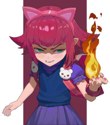 Rule 34 | 1girl, absurdres, animal ears, annie (league of legends), blue vest, cat ears, child, cowboy shot, fake animal ears, fire, fire, green eyes, hand up, highres, league of legends, magic, medium hair, nail polish, open mouth, pink nails, ptdra, puffy short sleeves, puffy sleeves, red background, short sleeves, skirt, smile, solo, teeth, vest, white background