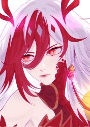 Rule 34 | 1girl, bare shoulders, bfblackflower, chinese clothes, commentary, detached sleeves, elbow gloves, english commentary, eyeliner, fu hua, fu hua (garuda), gloves, hair between eyes, highres, honkai (series), honkai impact 3rd, long hair, low-tied long hair, low twintails, makeup, multicolored hair, red eyeliner, red eyes, red gloves, red hair, red scales, scales, solo, streaked hair, symbol-shaped pupils, twintails, two-tone hair, very long hair, white hair, yellow pupils