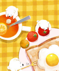 Rule 34 | . ., animal, animal focus, ao (aohari), bear, bread, bread slice, breakfast, cherry tomato, commentary request, cup, drink, egg (food), flower (symbol), food, food art, food focus, fork, fried egg, fried egg on toast, from above, from side, fruit, highres, holding, holding fork, in food, leaning forward, lemon, lemon slice, looking away, looking down, meal, no humans, no lineart, original, partially immersed, plaid, plate, polar bear, ripples, shade, shadow, sidelighting, signature, spoon, sugar cube, tablecloth, tea, teacup, teaspoon, toast, tomato, undersized animal, wide shot