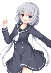 Rule 34 | 10s, 1girl, :d, black dress, black sailor collar, blue eyes, blush, collarbone, commentary request, dress, hair between eyes, hand up, head tilt, kedama (kedama akaza), konno junko, long hair, long sleeves, looking at viewer, low twintails, necktie, open mouth, sailor collar, sailor dress, short necktie, silver hair, simple background, smile, solo, twintails, very long hair, white background, white necktie, zombie land saga