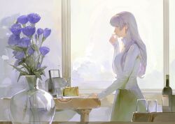 Rule 34 | 1girl, bottle, bread, breasts, commentary, cup, earrings, finger to mouth, flower, food, gba dod, green skirt, grey hair, hand up, highres, indoors, jewelry, kettle, knife, long hair, long sleeves, medium breasts, original, plate, profile, purple flower, skirt, solo, standing, stud earrings, sunlight, sweater, table, vase, white sweater, window