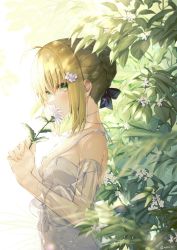 Rule 34 | 1girl, absurdres, ahoge, artoria pendragon (all), artoria pendragon (fate), blonde hair, bow, breasts, detached sleeves, dress, fate/stay night, fate (series), flower, from side, green eyes, hair between eyes, hair bow, hair bun, hair flower, hair ornament, highres, holding, holding flower, looking at viewer, nozawa noko, saber (fate), see-through, see-through sleeves, sidelocks, single hair bun, small breasts, smelling flower, solo, upper body, white dress