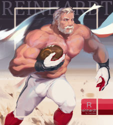 Rule 34 | 1boy, abs, ball, bara, beard, bulge, facial hair, feet out of frame, highres, holding, holding ball, large pectorals, luerstine, male focus, mature male, muscular, muscular male, navel, nipples, old, old man, overwatch, overwatch 1, paid reward available, pants, pectoral press, pectorals, reinhardt (overwatch), rugby, rugby ball, rugby uniform, running, scar, scar across eye, scar on face, short hair, smile, solo, sportswear, stomach, sweat, tight clothes, tight pants, topless male, white hair, white pants