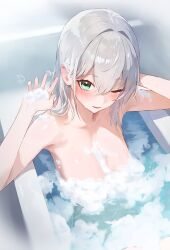 Rule 34 | 1girl, absurdres, arm behind head, bathing, bathroom, bathtub, breasts, bubble, commentary request, completely nude, crossed bangs, from above, green eyes, grey hair, hair between eyes, hair intakes, highres, hololive, large breasts, long hair, looking at viewer, matttttya1, nude, one eye closed, parted lips, partially submerged, shirogane noel, sitting, smile, soap bubbles, solo, virtual youtuber, water, wet