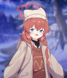 Rule 34 | 1girl, animal ear headwear, animal ears, arsyky14, beanie, blue archive, blue eyes, blush, braid, brown hat, brown jacket, collared shirt, fake animal ears, fang, hair between eyes, hair over shoulder, halo, hat, highres, jacket, long hair, looking at viewer, maki (blue archive), maki (camp) (blue archive), official alternate costume, open mouth, red hair, red halo, red sweater vest, shirt, skin fang, solo, sweater, sweater vest, turtleneck, turtleneck sweater, twin braids, upper body, white shirt