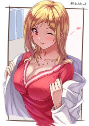 Rule 34 | 1girl, absurdres, blonde hair, blush, book, bracelet, breasts, chair, cleavage, collarbone, cropped torso, grid background, hands up, heart, heart necklace, highres, idolmaster, idolmaster million live!, idolmaster million live! theater days, jewelry, lab coat, long hair, long sleeves, looking at viewer, medium breasts, momose rio, necklace, off shoulder, one eye closed, open mouth, outside border, pink nails, red shirt, shirt, smile, solo, takatsuki p, twitter username, upper body