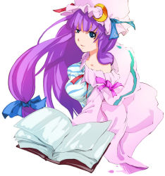 Rule 34 | 1girl, bad id, bad pixiv id, blue eyes, book, bow, breasts, crescent hat ornament, dain, female focus, hair ribbon, hat, hat ornament, large breasts, long hair, patchouli knowledge, pink bow, purple hair, ribbon, solo, touhou