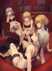 Rule 34 | 4girls, ahoge, arm support, artoria pendragon (all), artoria pendragon (fate), bare shoulders, black bra, black footwear, black panties, blonde hair, blue eyes, blue ribbon, blush, bow, bow bra, bra, braid, braided bun, breasts, bridal garter, cleavage, closed mouth, collarbone, commentary, couch, crossed arms, crossed legs, crown braid, elbow rest, expressionless, fate/apocrypha, fate/grand order, fate/stay night, fate (series), flower, green eyes, groin, hair between eyes, hair bun, hair ribbon, half-closed eyes, hand on own cheek, hand on own face, hand on own knee, head tilt, high heels, highres, indoors, jeanne d&#039;arc (fate), jeanne d&#039;arc (ruler) (fate), jeanne d&#039;arc alter (avenger) (fate), jeanne d&#039;arc alter (fate), jewelry, knees together feet apart, large breasts, leaning back, leaning forward, lingerie, long hair, looking at viewer, mashuu (neko no oyashiro), medium breasts, multiple girls, navel, necklace, panties, parted lips, photo (object), picture frame, red bra, red flower, red footwear, red rose, removed, ribbon, ribbon-trimmed bra, rose, saber (fate), saber alter, short hair, side-tie panties, sidelocks, signature, single braid, single hair bun, sitting, smile, stomach, table, tareme, thighs, twitter username, underwear, underwear only, vase, very long hair, yellow eyes
