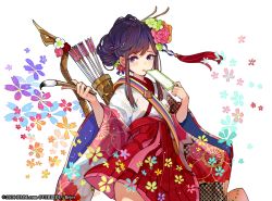 Rule 34 | 1girl, 2016, arrow (projectile), brown hair, calligraphy brush, commentary request, copyright request, fingernails, floral background, floral print, flower, gradient hair, green flower, hair flower, hair ornament, holding, holding paintbrush, japanese clothes, kimono, long hair, long sleeves, looking at viewer, multicolored hair, official art, paintbrush, pleated skirt, print kimono, purple eyes, purple hair, quiver, red flower, red rose, red skirt, rose, short kimono, sidelocks, skirt, solo, streaked hair, watermark, white background, white flower, white kimono, wide sleeves, yuu (higashi no penguin)