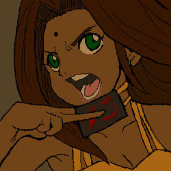 Rule 34 | &gt;:d, 1girl, :d, arc the lad, arc the lad ii, bare shoulders, breasts, brown hair, card, choker, cleavage, dark-skinned female, dark skin, dress, facepaint, facial mark, green eyes, holding, holding card, lowres, open mouth, portrait, sania (arc the lad), smile, solo, upper body, v-shaped eyebrows
