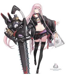 Rule 34 | 1girl, black coat, black footwear, black jacket, black skirt, boots, chainsaw, choker, closed mouth, coat, collarbone, commentary request, crop top, cropped jacket, flat chest, full body, highres, hood, hood down, hooded jacket, huge weapon, jacket, long hair, long sleeves, looking at viewer, machinery, midriff, miniskirt, navel, off shoulder, open clothes, open coat, open jacket, original, pink hair, poco (asahi age), purple eyes, shirt, skirt, solo, stomach, thigh boots, thighhighs, very long hair, weapon, white shirt, wide sleeves, zettai ryouiki