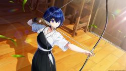 Rule 34 | 1girl, archery, arrow (projectile), black hakama, blue eyes, blue hair, bob cut, bow (weapon), brown gloves, dolphin wave, from above, game cg, gloves, hakama, holding, holding arrow, holding bow (weapon), holding weapon, japanese clothes, kyuudou, leaf, muneate, official art, partially fingerless gloves, partly fingerless gloves, short hair, single glove, solo, tojou michiru, weapon, yugake