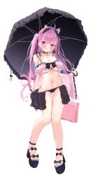 Rule 34 | 1girl, :p, absurdres, ahoge, animal ears, bag, black umbrella, blush, breasts, cat ears, cat tail, cleavage, hair between eyes, handbag, highres, holding, hololive, large breasts, looking at viewer, minato aqua, multicolored hair, navel, pink eyes, pink hair, saki (saki paint), smile, solo, tail, tongue, tongue out, twintails, two-tone hair, umbrella, underboob, virtual youtuber