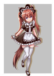 Rule 34 | 1girl, animal ears, apron, black dress, blue eyes, bonnet, brown hair, dog ears, dress, elin, highres, kumehara chiyota, leg lift, long hair, maid, mary janes, shoes, smile, solo, standing, standing on one leg, tail, tera online, thighhighs, twintails, white thighhighs, wrist cuffs, zettai ryouiki