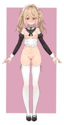 Rule 34 | 1girl, absurdres, apron, black footwear, blush, breasts, closed mouth, deatheach, detached collar, detached sleeves, full body, hair between eyes, highres, light brown hair, long hair, looking at viewer, maid headdress, medium breasts, naked apron, navel, nipples, original, pink background, pussy, red eyes, shoes, skindentation, solo, standing, thighhighs, twintails, two-tone background, white background, white thighhighs, wrist cuffs