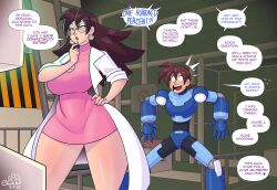 Rule 34 | 1boy, 1girl, blush, breasts, brown hair, cobat, earrings, english text, glasses, green eyes, highres, jewelry, lab coat, large breasts, long hair, mega man (series), mega man legends (series), mega man volnutt, nail polish, speech bubble, sweat, thick thighs, thighs, tron bonne (mega man), wide hips