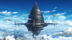 Rule 34 | aincrad, blue sky, cloud, copyright name, day, floating, floating island, floating object, highres, landscape, no humans, official art, outdoors, scenery, sky, sword art online, watermark