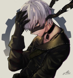 Rule 34 | 1boy, android, artnase, blindfold, blue eyes, buttons, choker, collarbone, eyelashes, gears, gloves, hand on own head, male focus, nier:automata, nier (series), pale skin, signature, simple background, solo, strap, upper body, white hair, 9s (nier:automata)