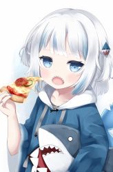 Rule 34 | 1girl, animal costume, blue eyes, blue hair, blue hoodie, blue nails, blunt bangs, carrying, carrying under arm, cocozasa, fins, fish tail, food, gawr gura, gawr gura (1st costume), hair ornament, highres, holding, holding food, holding pizza, hololive, hololive english, hood, hoodie, looking at viewer, medium hair, multicolored hair, nail polish, open mouth, pizza, pizza slice, shark costume, shark girl, shark hair ornament, shark tail, sharp teeth, silver hair, simple background, solo, streaked hair, stuffed animal, stuffed shark, stuffed toy, tail, teeth, two side up, upper body, upper teeth only, virtual youtuber, white background