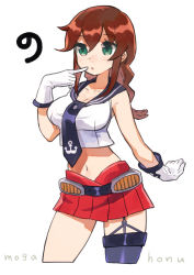 Rule 34 | 1girl, anchor symbol, artist name, breasts, brown hair, collarbone, cropped legs, finger to mouth, gloves, green eyes, hair between eyes, kantai collection, large breasts, long hair, midriff, mogamiya honu, navel, necktie, noshiro (kancolle), pleated skirt, sailor collar, simple background, single thighhigh, skirt, sleeveless, solo, stomach, thighhighs, white background, white gloves